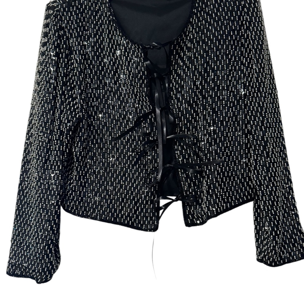 Laurence Kazar New York Beaded Silk Jacket Black Sequin Evening Crop Jacket L - Picture 2 of 8